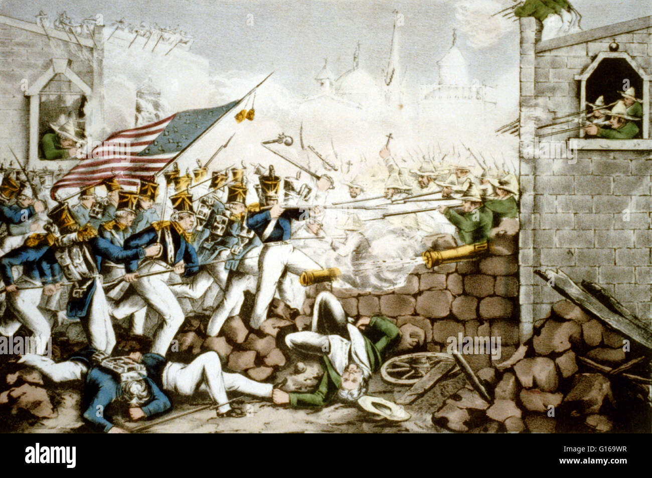 Lithograph entitled: 'Battle of Monterey, the Americans forcing their way to the main plaza September 23rd, 1846.' In the Battle of Monterrey (September 21-24, 1846) during the Mexican-American War, General Pedro de Ampudia and the Mexican Army of the Nor Stock Photo