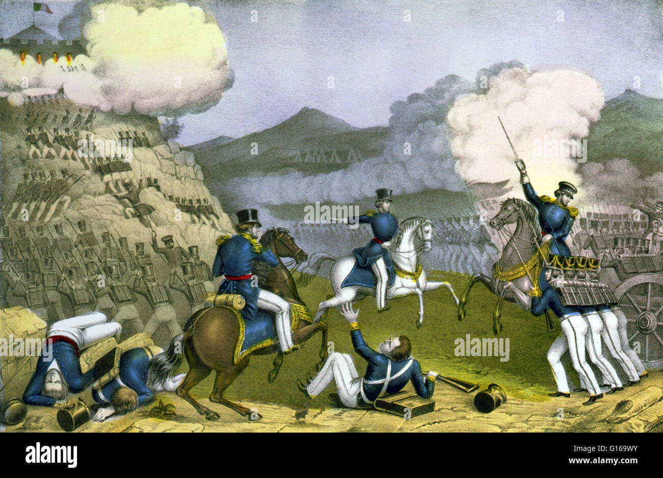 Lithograph entitled: 'Storming of Independence Hill at the Battle of Monterey.' In the Battle of Monterrey (September 21-24, 1846) during the Mexican-American War, General Pedro de Ampudia and the Mexican Army of the North was defeated by the Army of Occu Stock Photo