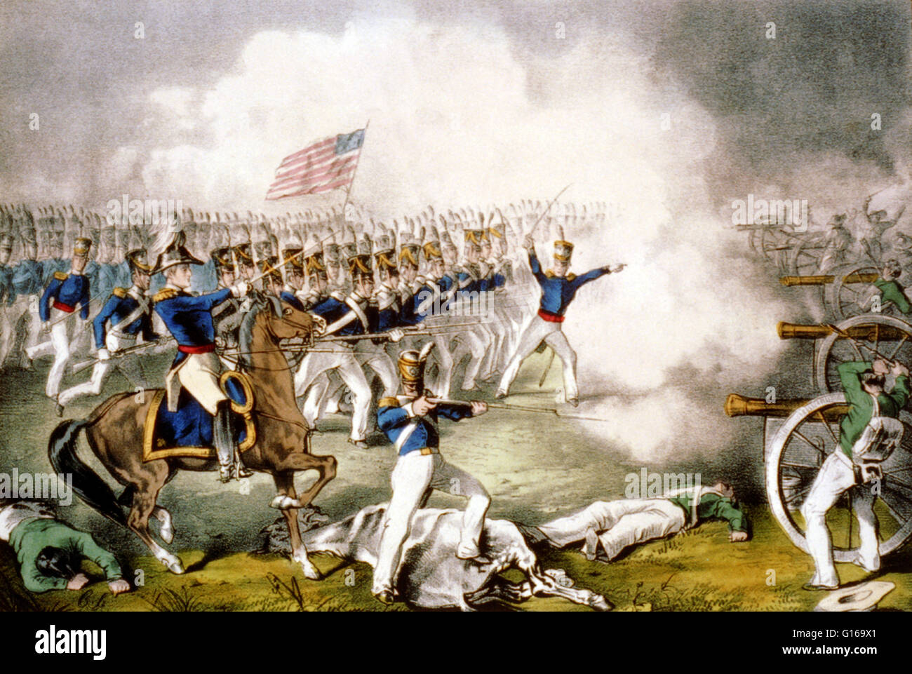 Lithograph entitled: 'General Taylor at the battle of Palo Alto.' The Battle of Palo Alto was the first major battle of the Mexican-American War and was fought on May 8, 1846, on disputed ground five miles from the modern-day city of Brownsville, Texas. A Stock Photo
