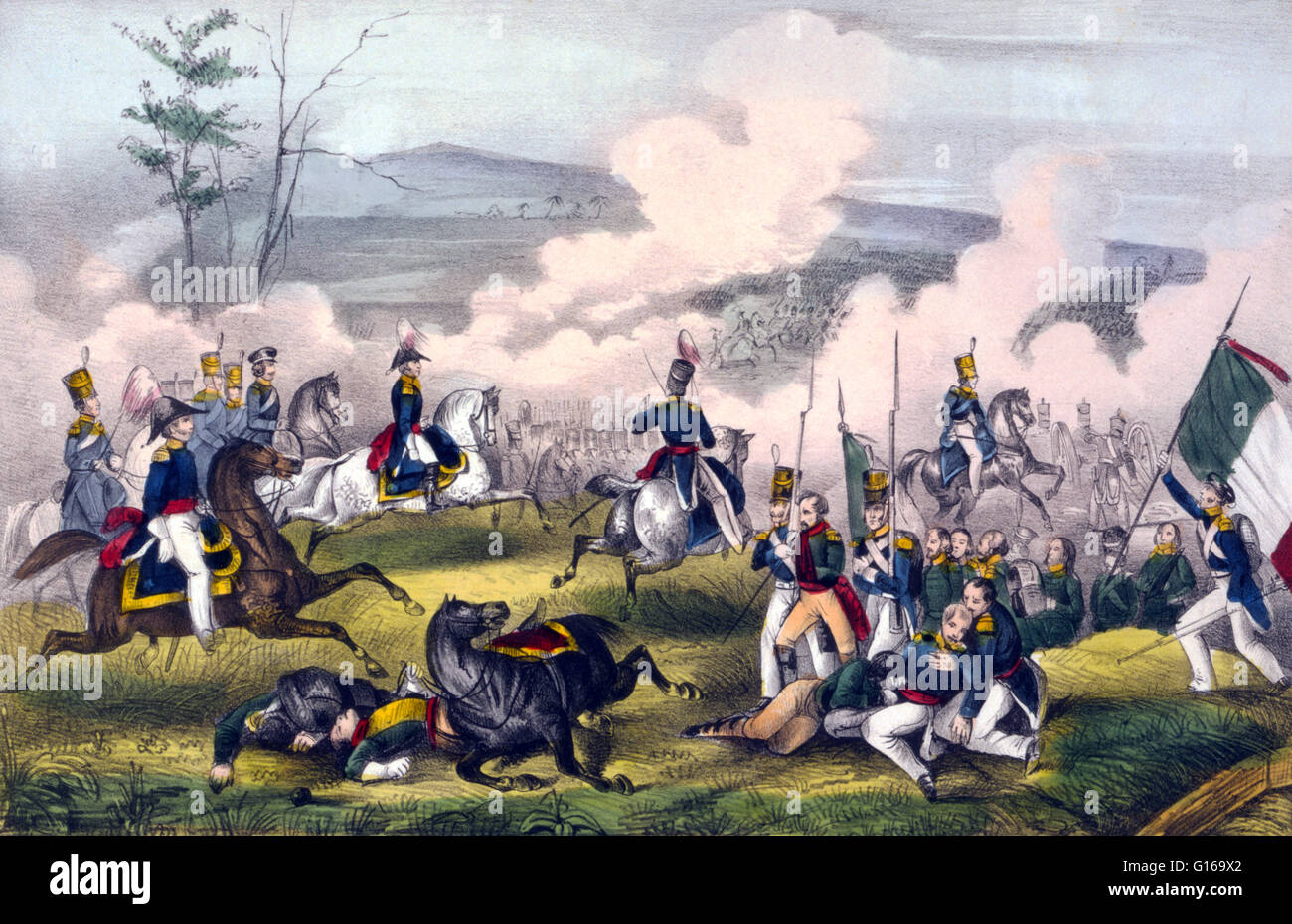 Lithograph entitled and captioned: 'Battle of Palo Alto, May 8th 1846, between 2900 Americans, under General Taylor, and 6000 Mexicans, commanded by General Arista.' The Battle of Palo Alto was the first major battle of the Mexican-American War and was fo Stock Photo