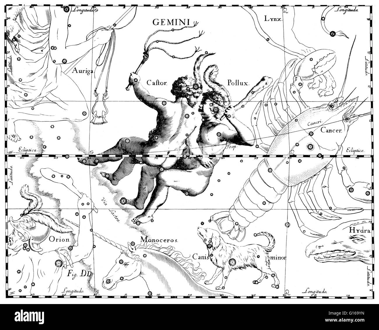 Gemini constellation from Johannes Hevelius' Prodromus astronomiae, Firmamentum Sobiescianum, sive Uranographia, 1687. Gemini is one of the constellations of the zodiac. It was one of the 48 constellations described by the 2nd century AD astronomer Ptolem Stock Photo