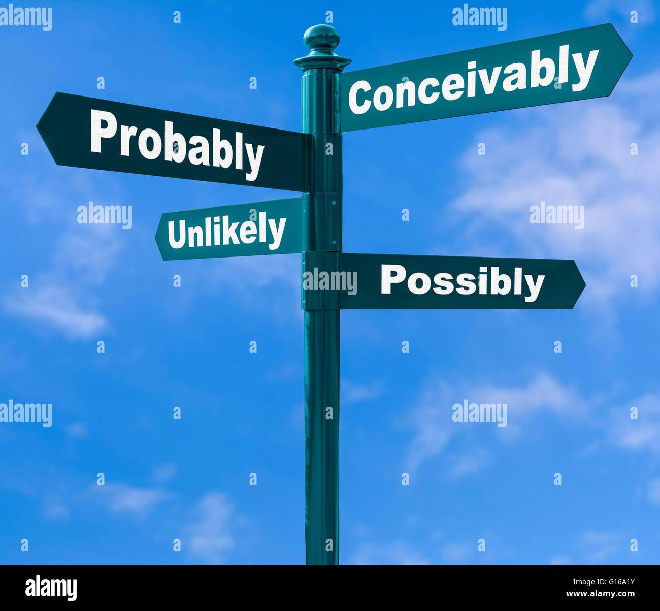 Options concept. Multiple direction signpost showing various options against a blue sky. Stock Photo