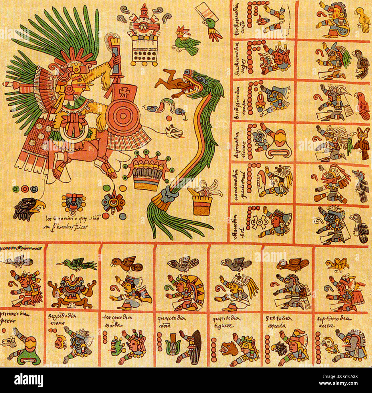 Aztex calendar from the Codex Borbonicus written by Aztec priests shortly before or after the Spanish conquest of Mexico. Codex Borbonicus is one of the most intricate surviving divinatory calendars (or tonalamatl). Each page represents one of the 20 trec Stock Photo