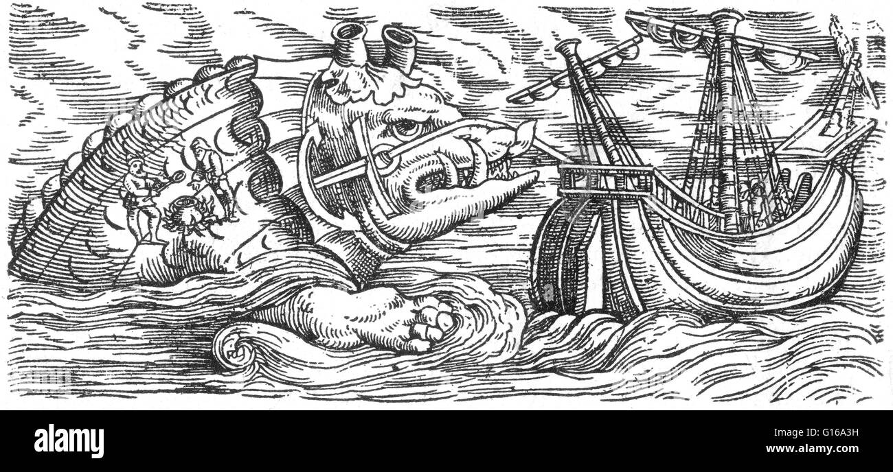 According to the tradition of the Physiologus and medieval bestiaries, the aspidochelone is a fabled sea creature. 'It is a great whale, that has what appear to be beaches on its hide, like those from the seashore. This creature raises its back above the Stock Photo
