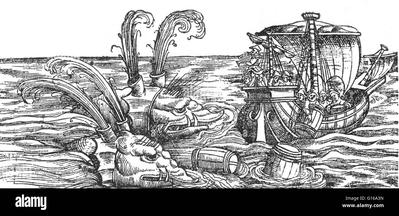 Sea Monsters or Whales? Woodcut from Gesner's great zoological work, Historiae animalium, depicting two sea monsters, 16th century. Sea monsters are sea-dwelling mythical or legendary creatures, often believed to be of immense size. Marine monsters can ta Stock Photo