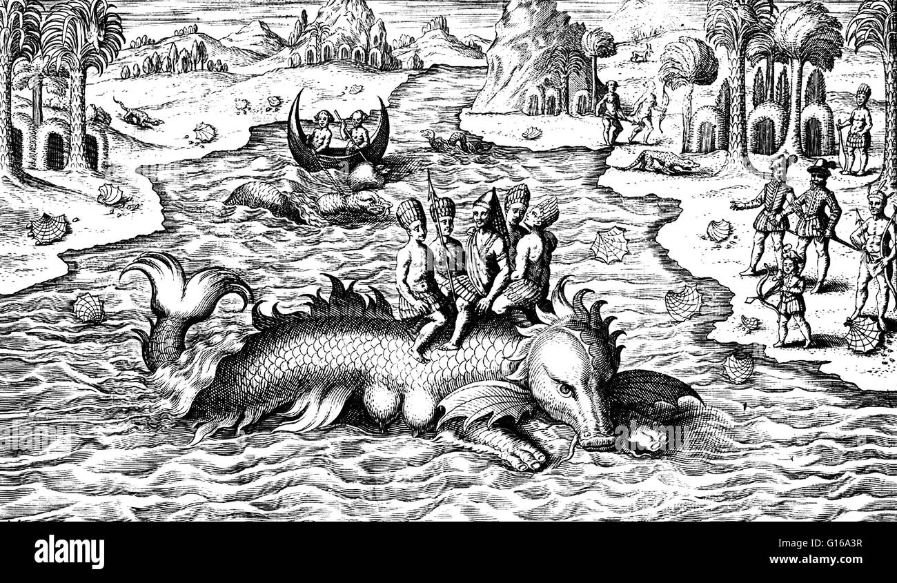 Native noblemen riding a sea monster, from 'Nova Typis Transacta Navigatio. Novi Orbis Indiae Occidentalis' by Caspar Plautius (Kaspar Plautz), a Benedictine abbot. A fanciful work with fictional parts and fantastic illustrations. An account of Bernardo B Stock Photo