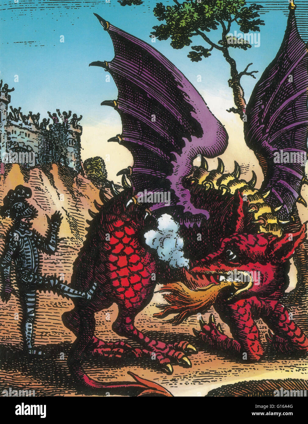 The Dragon of Wantley is England's most famous dragon legend. Back in the time of Queen Elizabeth I, the Yorkshire village of Wantley was attacked by a fearsome, fire breathing dragon. This monster terrorized the countryside until at last he was vanquishe Stock Photo