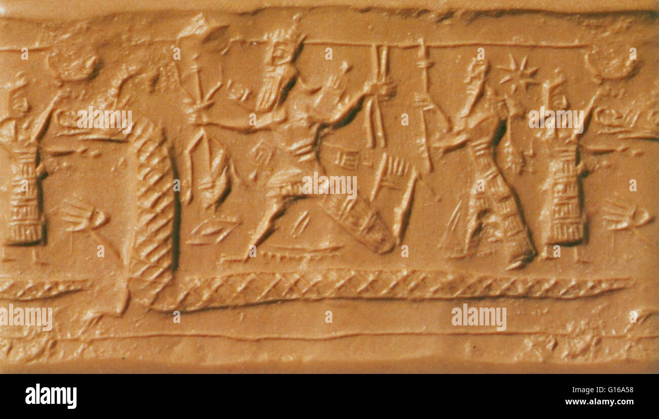Battle Between Marduk and Tiamat, Neo-Assyrian Cylinder Seal. Marduk was the Babylonian name of a god from ancient Mesopotamia and patron deity of the city of Babylon, who, when Babylon became the political center of the Euphrates valley in the time of Ha Stock Photo