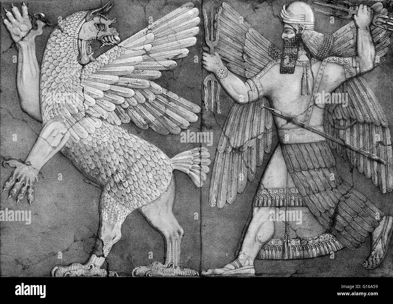 Battle Between Marduk and Zu, Relief at Nimrud. Marduk was the Babylonian name of a god from ancient Mesopotamia and patron deity of the city of Babylon, who, when Babylon became the political center of the Euphrates valley in the time of Hammurabi rose t Stock Photo