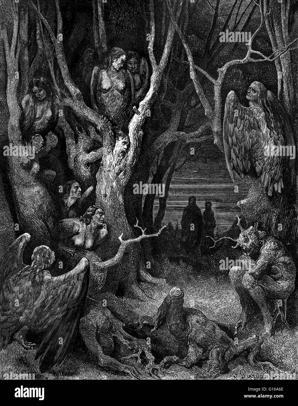 Harpies in the infernal wood, from Inferno XIII, by Gustave Doré, 1861. Harpies remained vivid in the Middle Ages. In his Inferno, XIII, Dante envisages the tortured wood infested with harpies, where the suicides have their punishment in the second ring. Stock Photo