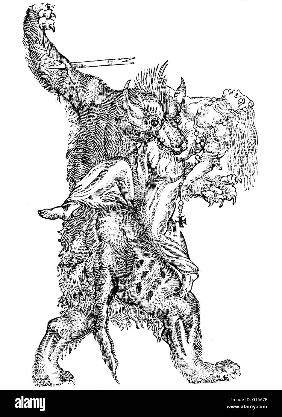 18th century woodcut of a werewolf attack. A werewolf, in European folklore, is a man who turns into a wolf at night and devours animals, people, or corpses but returns to human form by day. Some werewolves change shape at will; others, in whom the condit Stock Photo