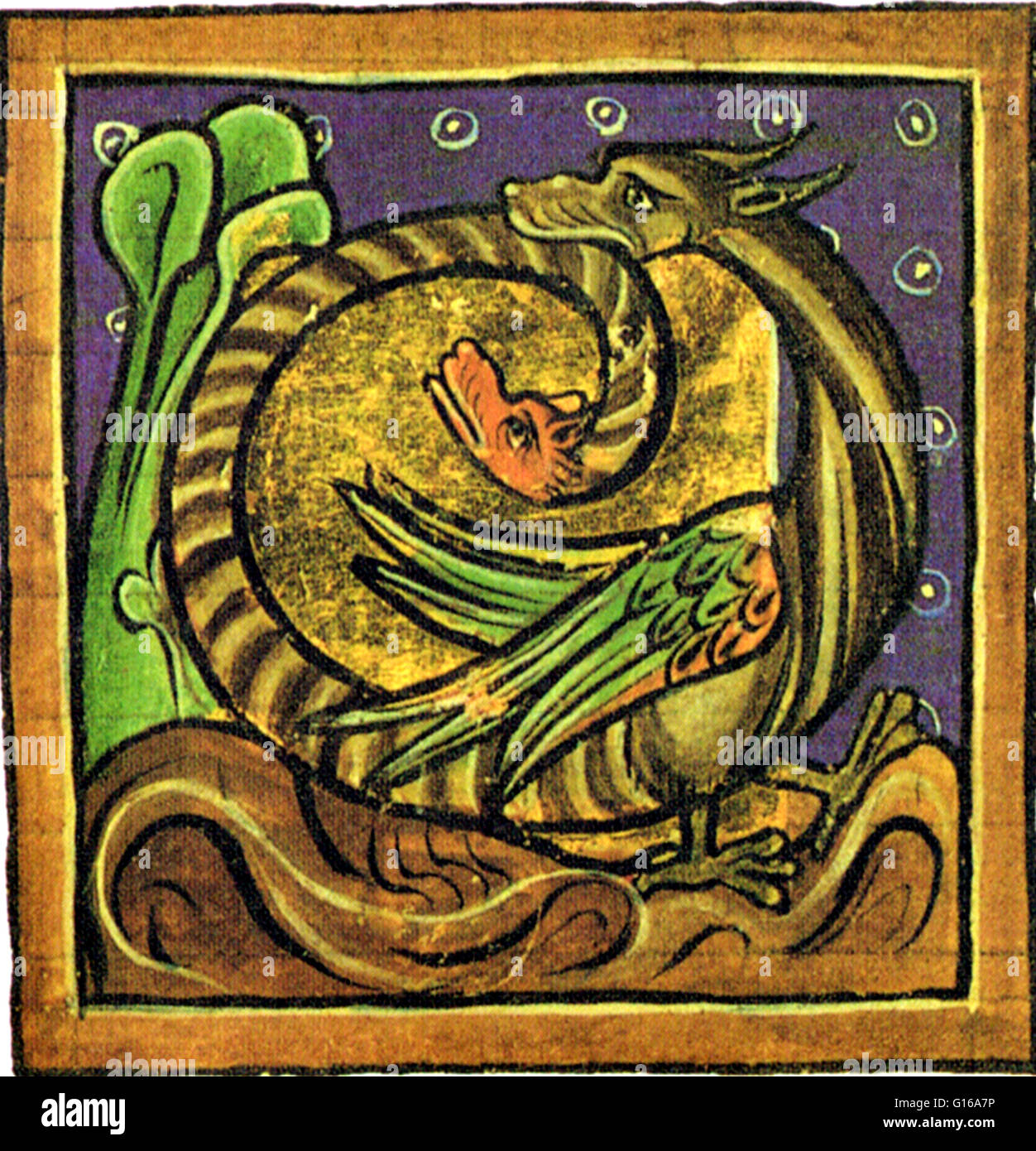 Illuminated manuscript image from a Medieval bestiary of the Amphisbaena a mythological ant-eating serpent with a head at each end. According to Greek mythology, the amphisbaena was spawned from the blood that dripped from the Gorgon Medusa's head as Pers Stock Photo