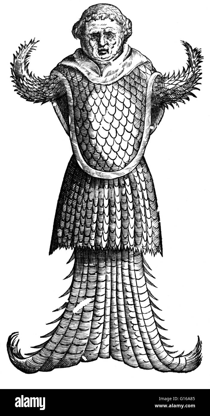 Monstrum Marinum effigie Monachi (Monster of the sea forms Monk) from Ulisse Aldrovandi's Monstrorum Historia, 1642. The sea monk, or sometimes monk-fish, was the name given to a sea animal found off the coast of Denmark in 1546. Sea monsters are sea-dwel Stock Photo