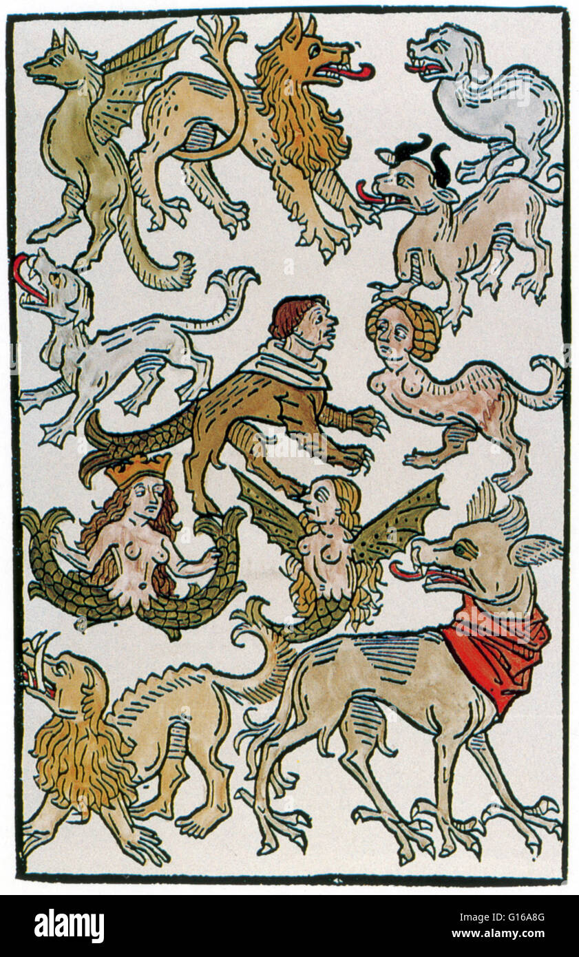 Woodcut of monsters from the Nuremberg Chronicle. Top row, Monoculus or Cyclops and the Blemnye. Middle row: Panotis (All-ears); a man with a huge stretched lip. Bottom row: Sciapod (Shade-foot) whose single leg has a foot so big he uses it as an umbrella Stock Photo