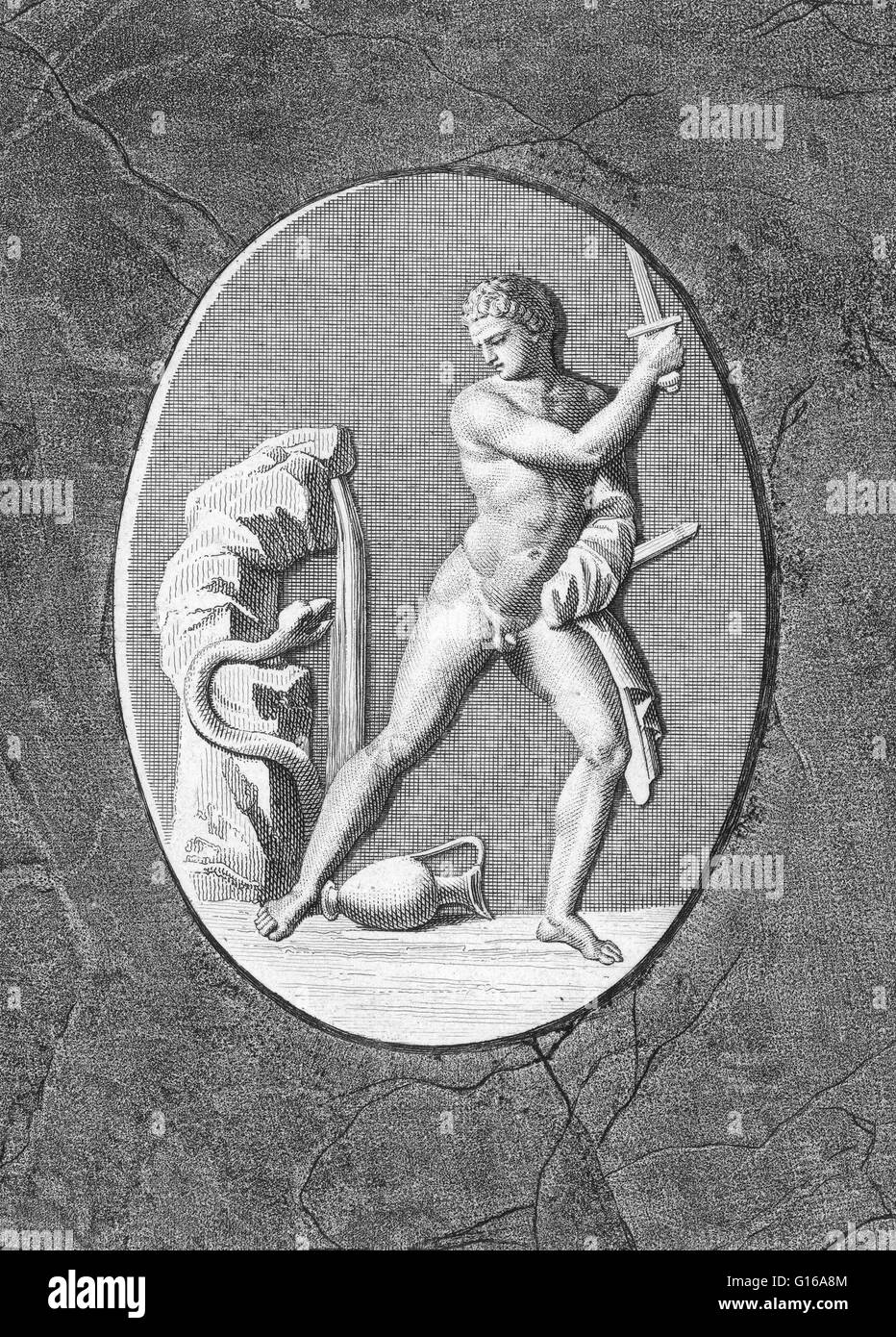 Cadmus, in Greek mythology, was a Phoenician prince who slew the Ismenian Serpent, of the spring of Ismene at Thebes, Greece. By the instructions of Athena, he sowed the dragon's teeth in the ground, from which there sprang a race of fierce armed men, cal Stock Photo