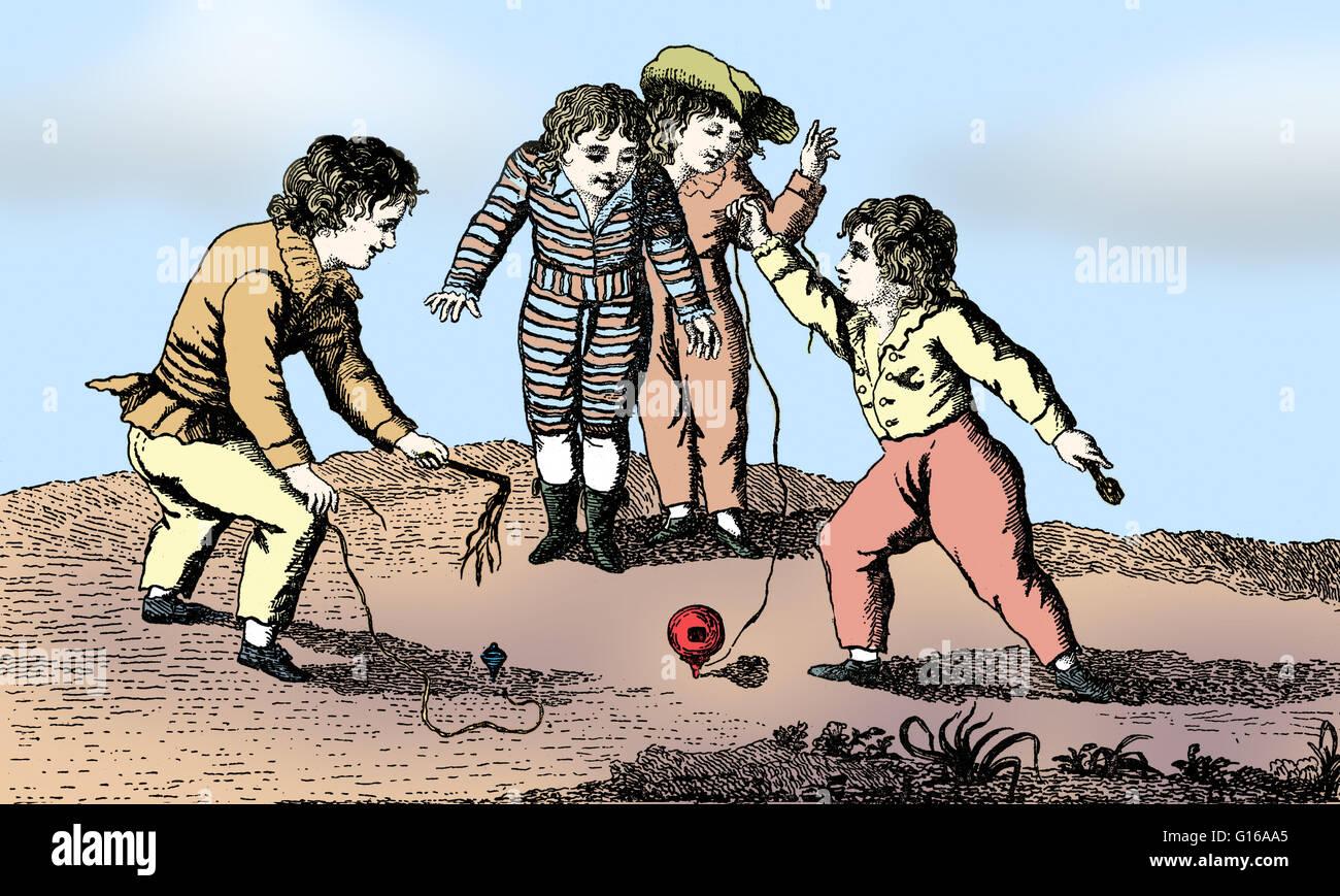 La Toupie", 17th Century French children playing with tops. A top is a toy  that can be spun on an axis, balancing on a point. It is one of the oldest  recognizable