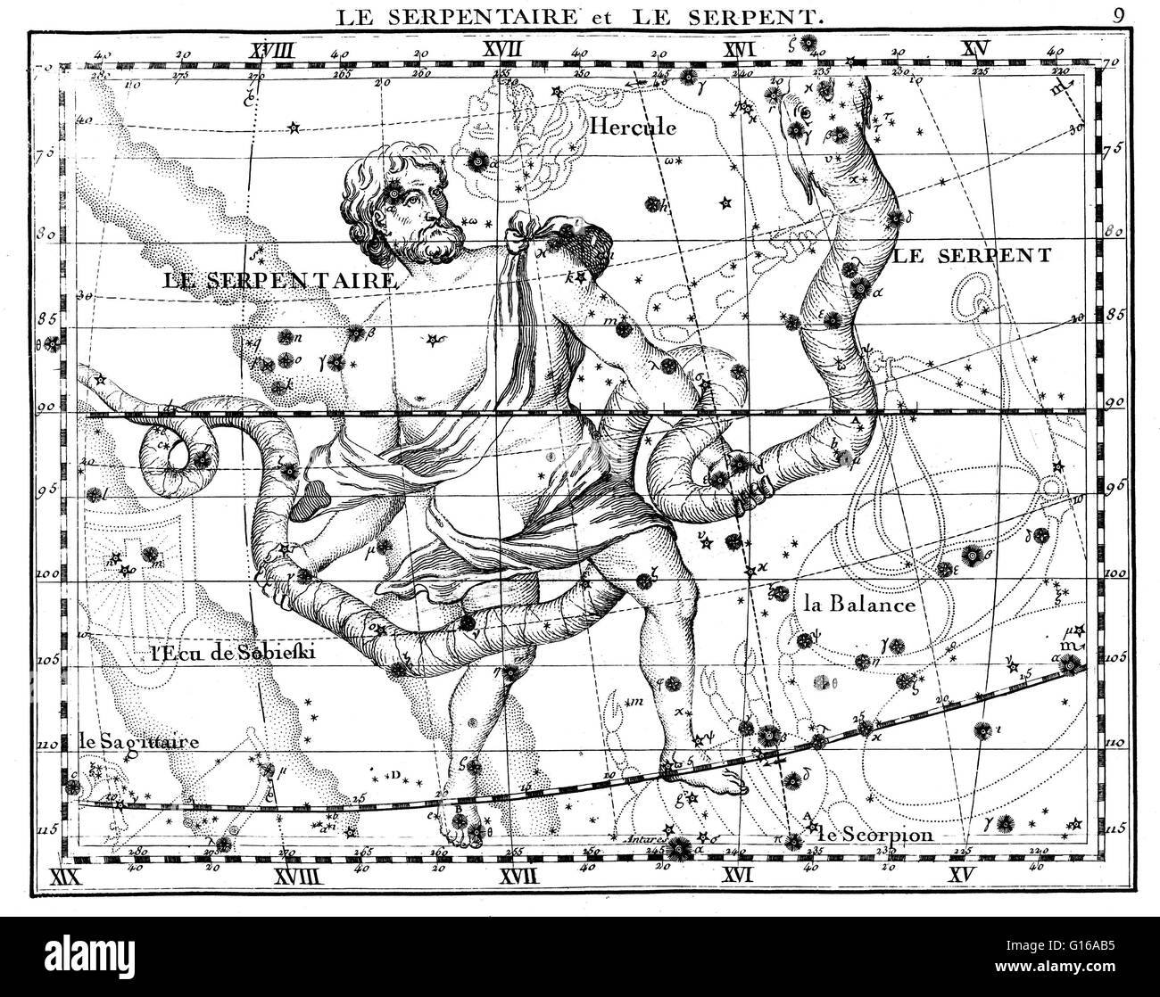 Ophiuchus is a large constellation located around the celestial equator. It is commonly represented as a man grasping the snake that is represented by the constellation Serpens. Serpens is unique among the modern constellations in being split into two non Stock Photo