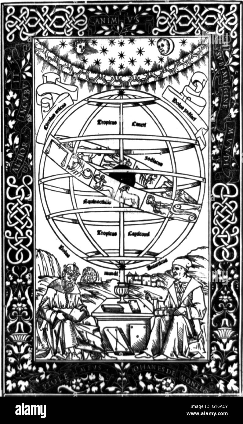 Frontispiece of Regiomontanus' 'Epitome of the Almagest' depicting Ptolemy and Regiomontanus sitting beneath an armillary sphere. Claudius Ptolemy (90-168 AD), was a Greek-Roman citizen of Egypt (Claudius is a Roman name and Ptolemaeus is a Greek name). H Stock Photo