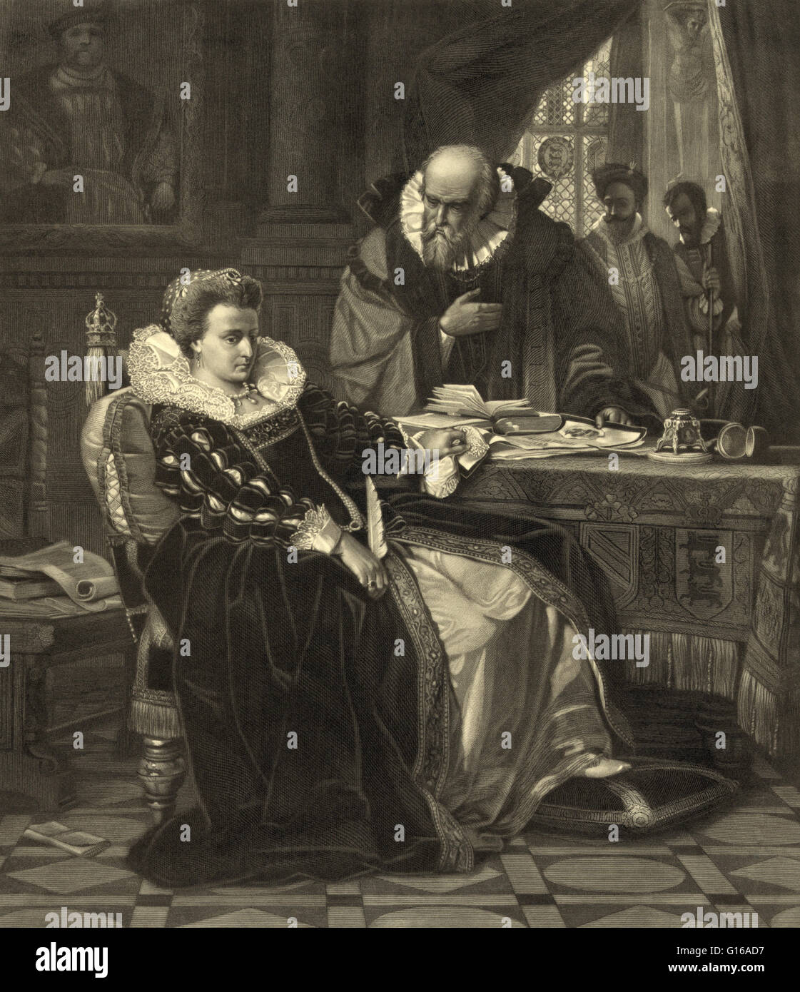 Queen Elizabeth, consenting to the death of Marie Stuart. Elizabeth I (September 7, 1533 - March 24, 1603) was queen regnant of England and Ireland from 1558 until her death. She was the fifth and last monarch of the Tudor dynasty. The daughter of Henry V Stock Photo