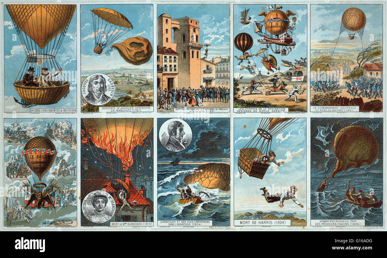 Collecting cards with pictures of events in ballooning history from 1795 to 1846. Balloonomania was a strong public interest or fad in hot air balloons that originated in France in the late 18th century and continued into the 19th century, during the adve Stock Photo