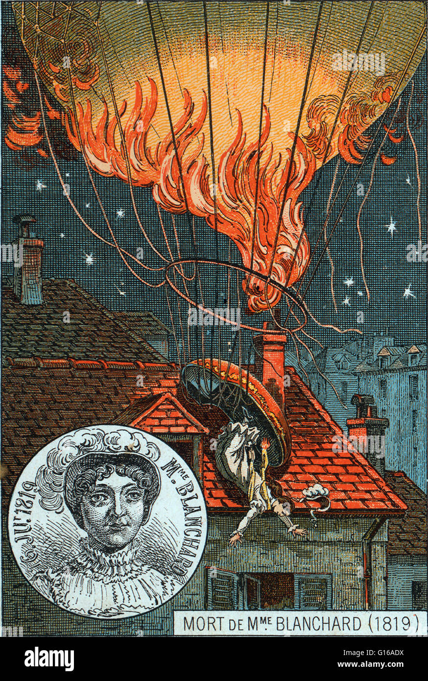 Sophie Blanchard (March 25, 1778 - July 6, 1819) was a French aeronaut and the wife of ballooning pioneer Jean-Pierre Blanchard. She was the first woman to work as a professional balloonist, and after her husband's death she continued ballooning, making m Stock Photo