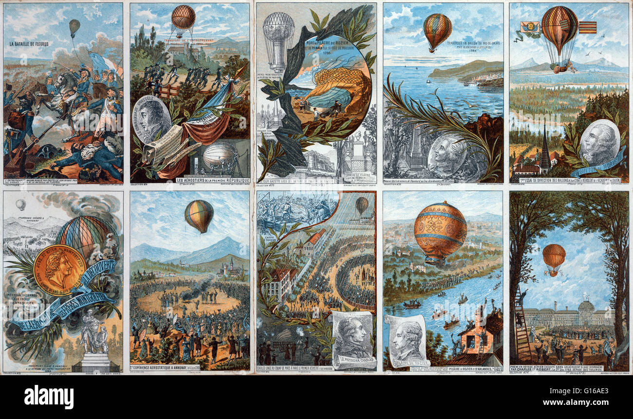 Collecting cards with pictures of events in ballooning history from 1783 to 1883. Balloonomania was a strong public interest or fad in hot air balloons that originated in France in the late 18th century and continued into the 19th century, during the adve Stock Photo