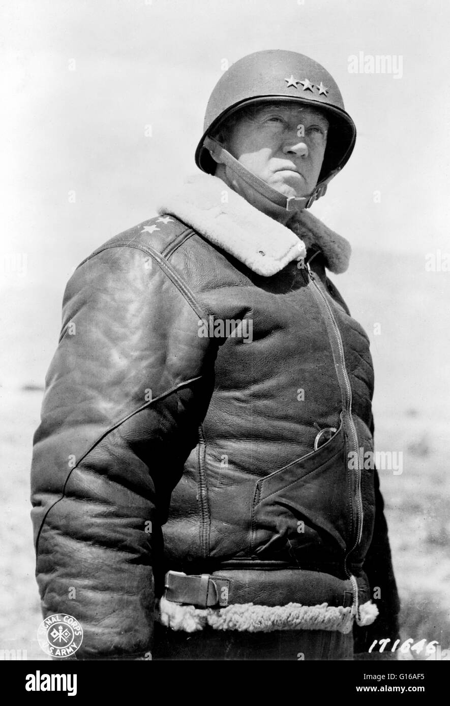 Lieutenant General Patton wearing leather jacket and helmet with three stars, March 30, 1943. George Smith Patton, Jr. (November 11, 1885 - December 21, 1945) was a general in the United States Army best known for his command of the Seventh United States Stock Photo