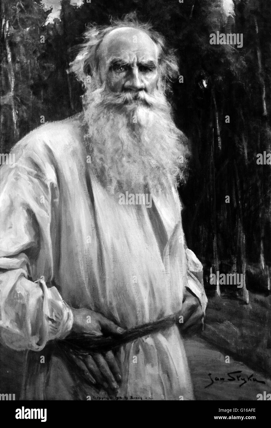 Posthumous portrait of Tolstoy by Polish painter Jan Styka, 1912. Leo Tolstoy (Count Lev Nikolayevich Tolstoy September 9, 1828 - November 20, 1910) was a Russian novelist and short story writer. He was a master of realistic fiction and is widely consider Stock Photo