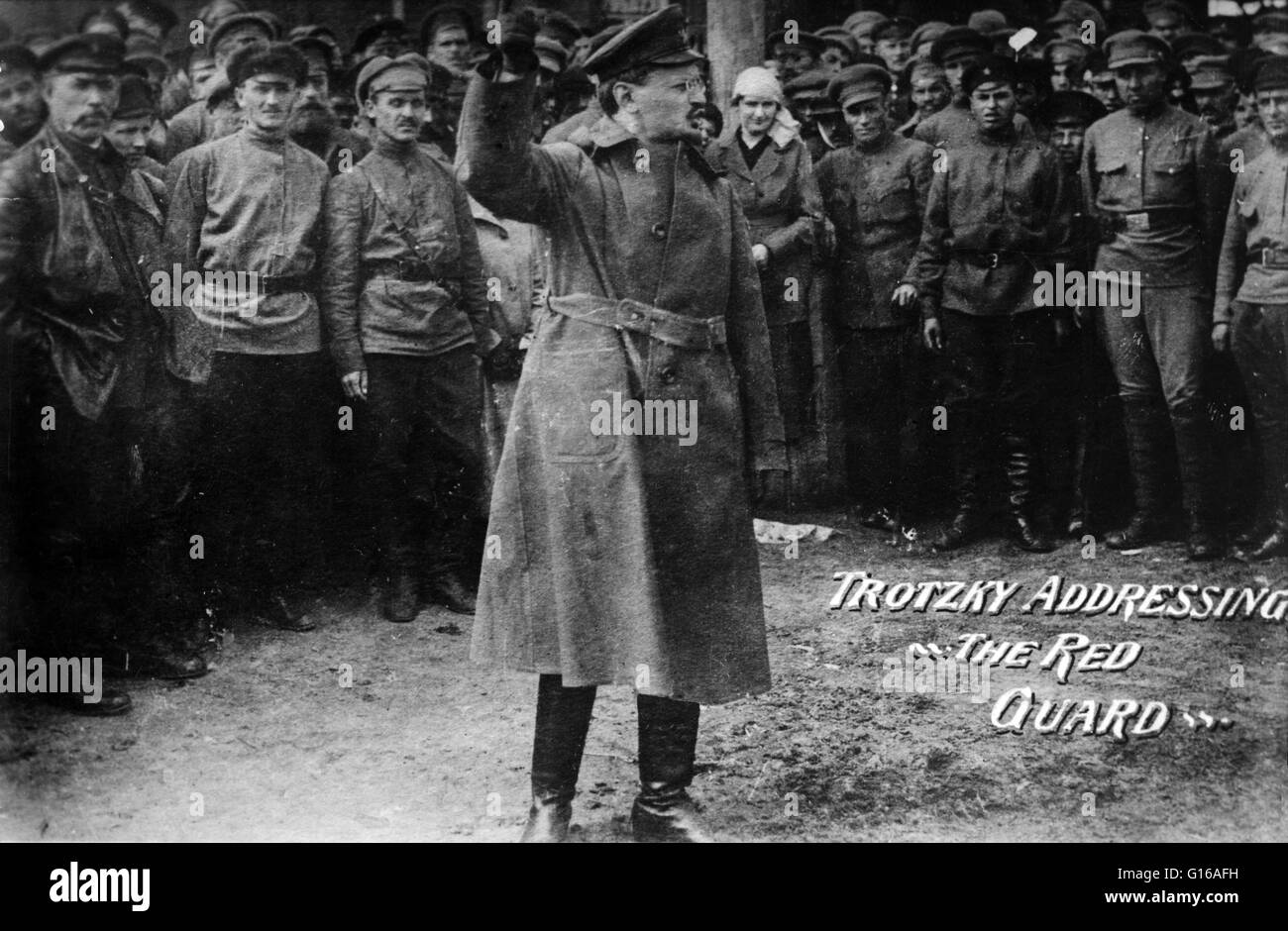 Bain News Service photograph of Trotsky and the Red Guard. No date recorded on caption card. Leon Trotsky (November 7, 1879 - August 21, 1940) was a Russian Marxist revolutionary and theorist. He joined the Bolsheviks prior to the 1917 October Revolution Stock Photo