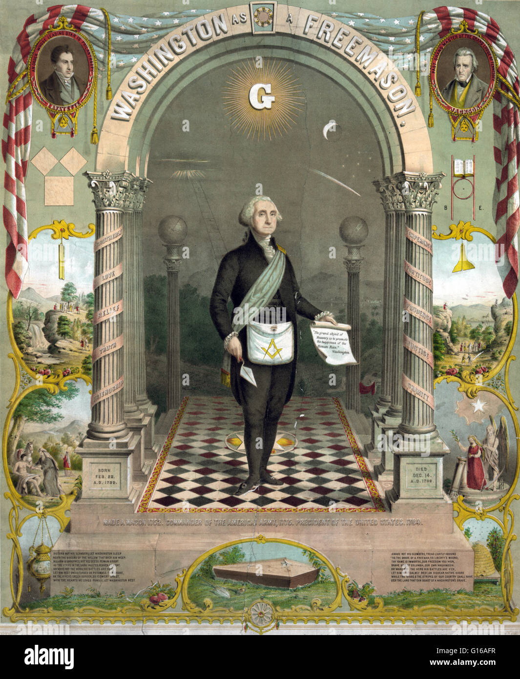 Washington in masonic attire, holding scroll, and trowel. Portraits of Lafayette and Jackson in corners. He joined the Masonic Lodge in Fredericksburg, Virginia at the age of 20 in 1752. At his first inauguration in 1791, President Washington took his oat Stock Photo