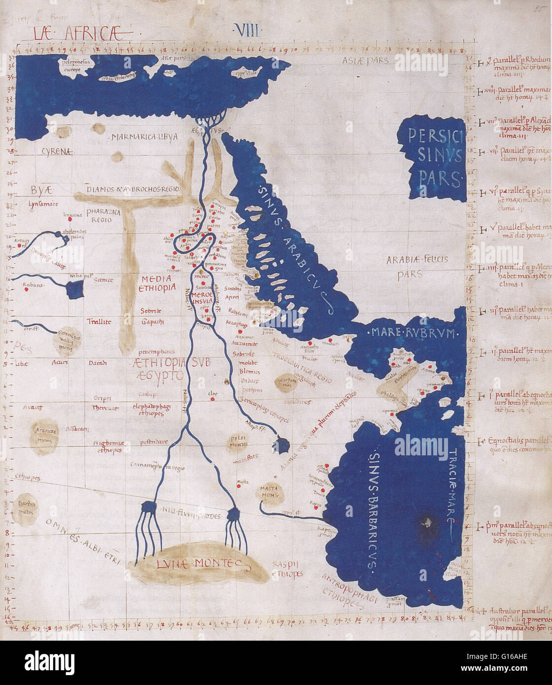 Ptolemy's map of the Nile was based on the description contained in Ptolemy's book Geographia, written 150 AD. Although authentic maps have never been found, the Geographia contains thousands of references to various parts of the old world, with coordinat Stock Photo