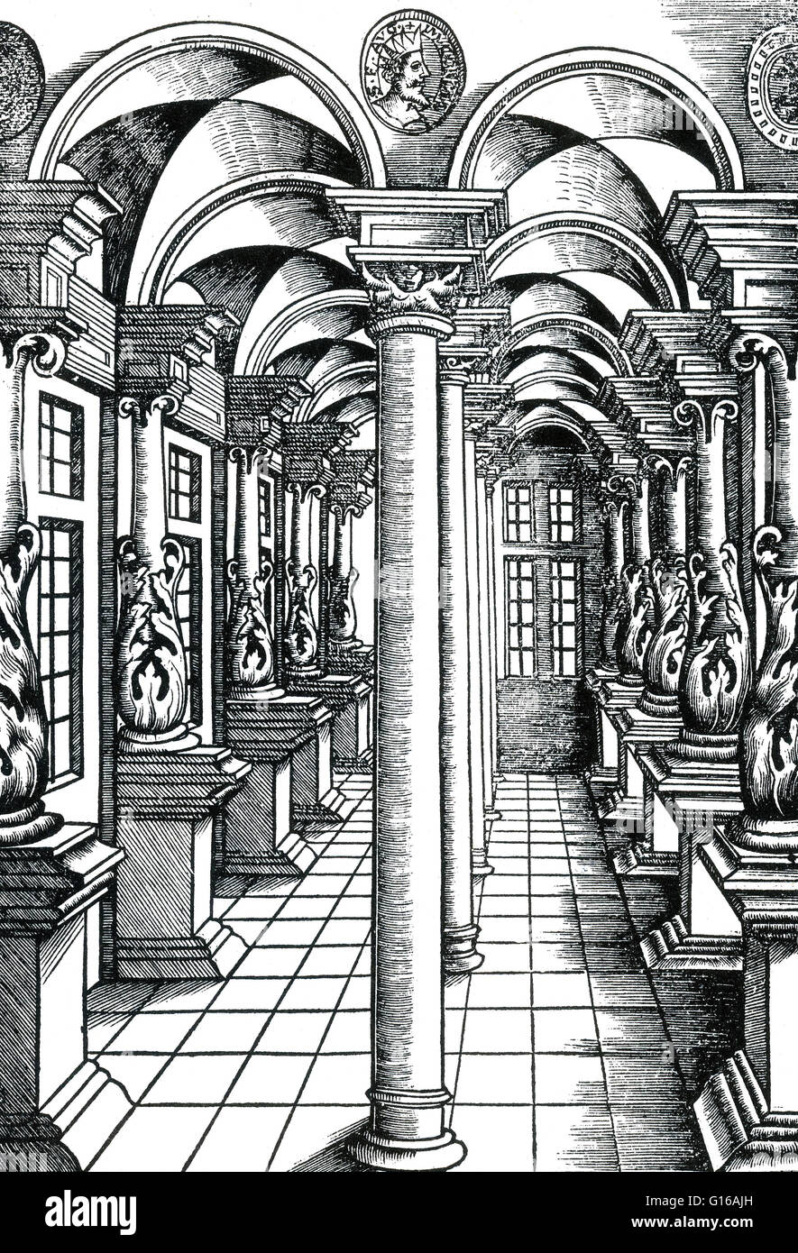 Illustration from Perspectiva: Instruction in the Art of Measuring, with the Zirckel, straightening or Scheidt Linial. Perspective, in context of vision and visual perception, is the way in which objects appear to the eye based on their spatial attributes Stock Photo