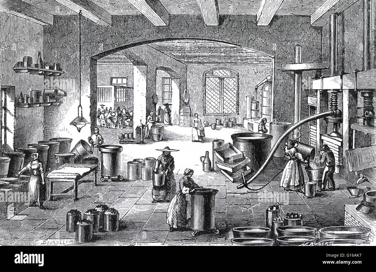 Engraving showing the interior of a perfume manufactory at Nice owned and operated by Eugène Rimmel. As with industry and the arts, perfume was to undergo profound change in the 19th century. Changing tastes and the development of modern chemistry laid th Stock Photo