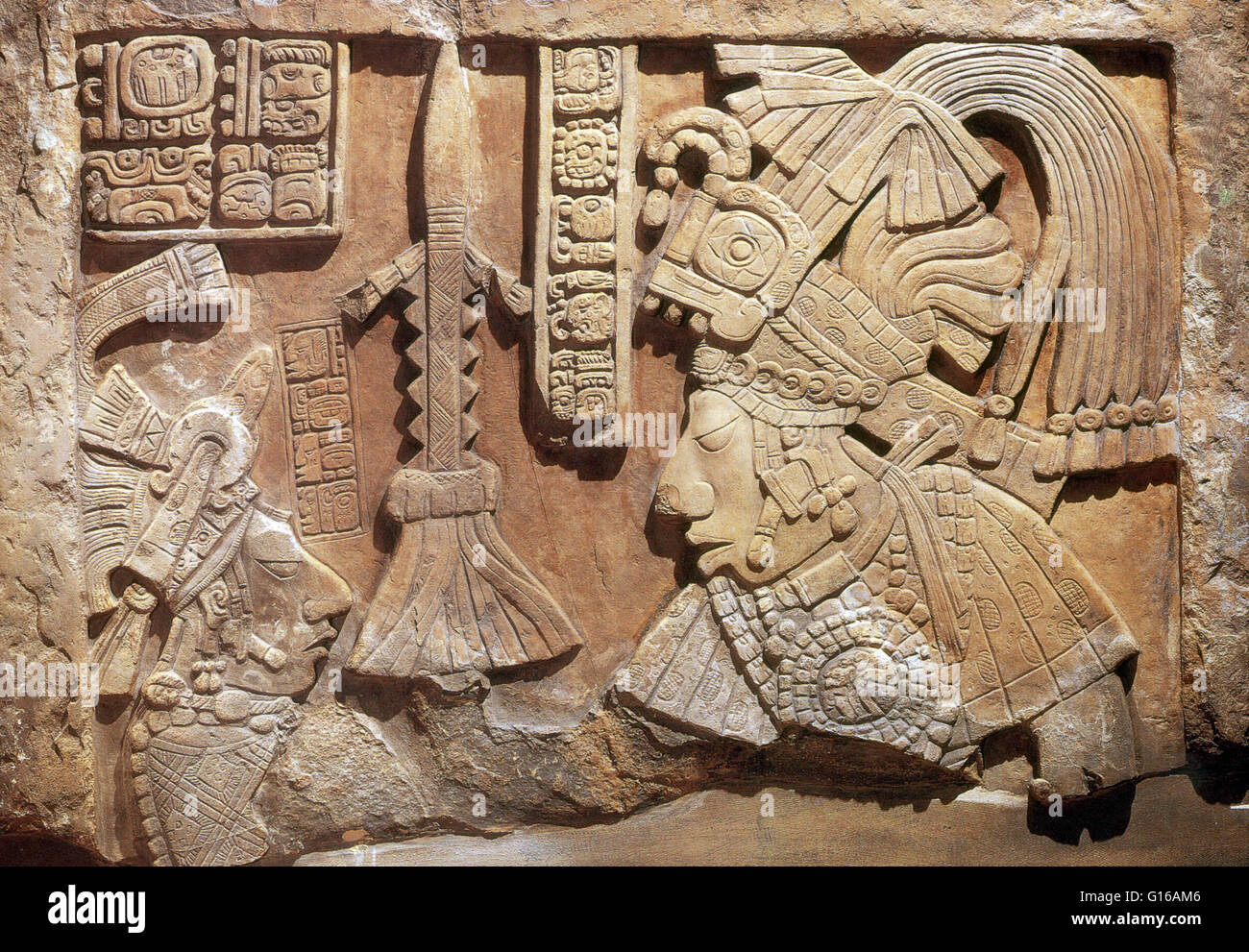 Maya Limestone Yaxchilan Lintel 41. Shows Yaxun B'alam, with a female figure, Lady Wak, both dressed in war costume and wearing Tlaloc headdress. Yaxun B'alam IV, also called Bird Jaguar IV, was a Mayan king from Yaxchilan. He ruled from 752 until 768 AD, Stock Photo