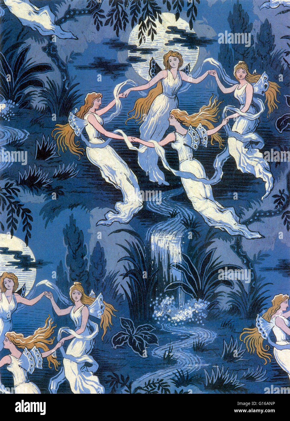 Fairies in the Moonlight, French Textile. A fairy is a type of mythical being or legendary creature in European folklore, a form of spirit, often described as metaphysical, supernatural or preternatural. Fairies resemble various beings of other mythologie Stock Photo