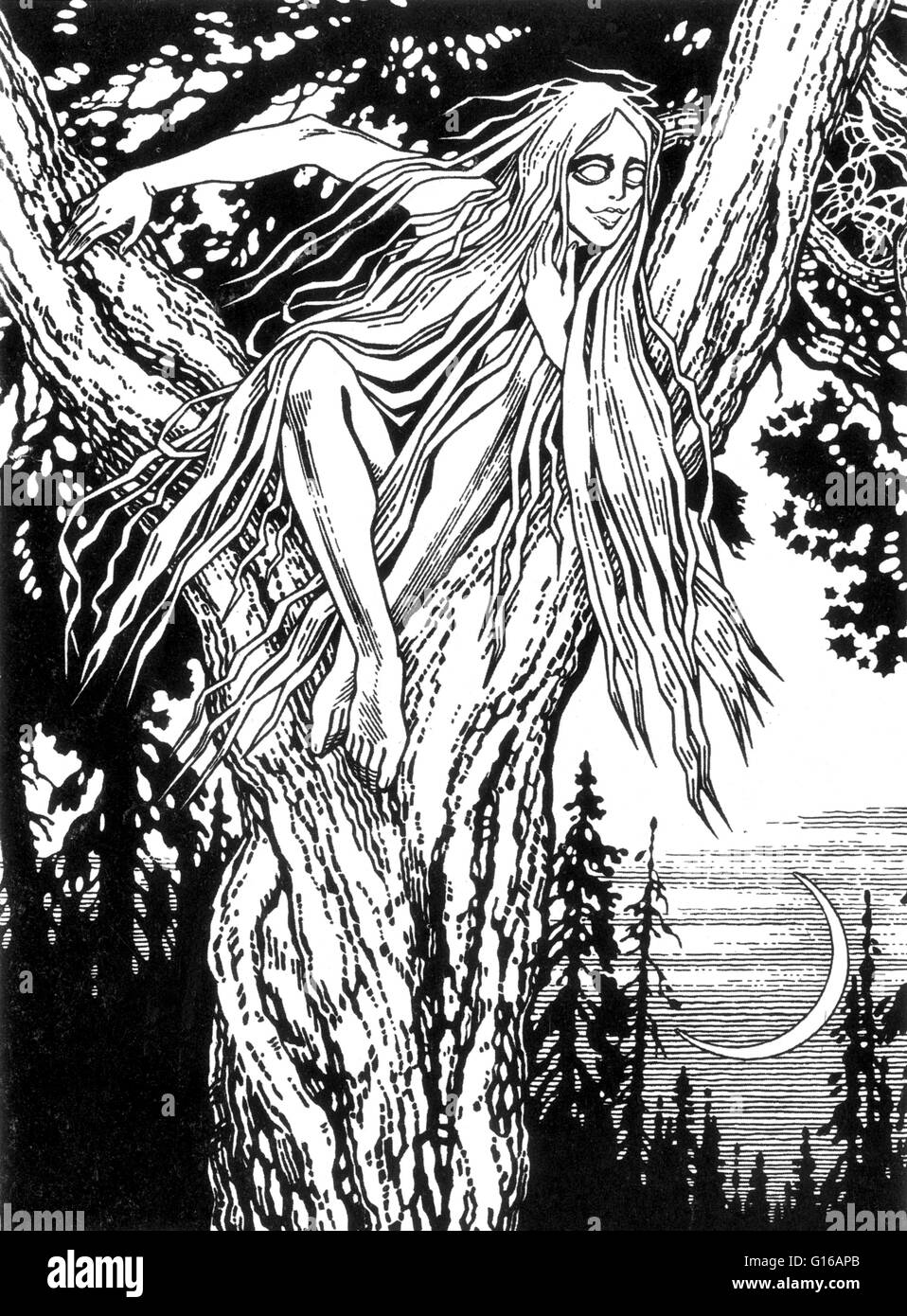 In Slavic mythology, a rusalka is a female ghost, water nymph, succubus, or mermaid-like demon that dwelt in a waterway. According to most traditions, the rusalki were fish-women, who lived at the bottom of rivers. In the middle of the night, they would w Stock Photo