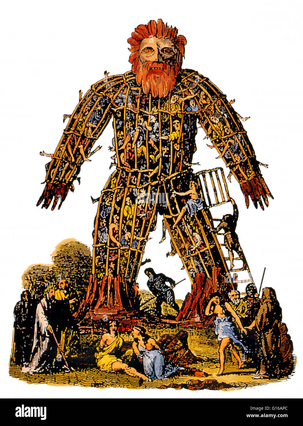 Wicker Man was a Druidic effigy built out wood and straw, then covered with grass to form a giant man. Legend states that the Druids packed the hollow statues with humans and animals and set them alight in sacrifice to the Celtic gods Taranis, Esus and Te Stock Photo