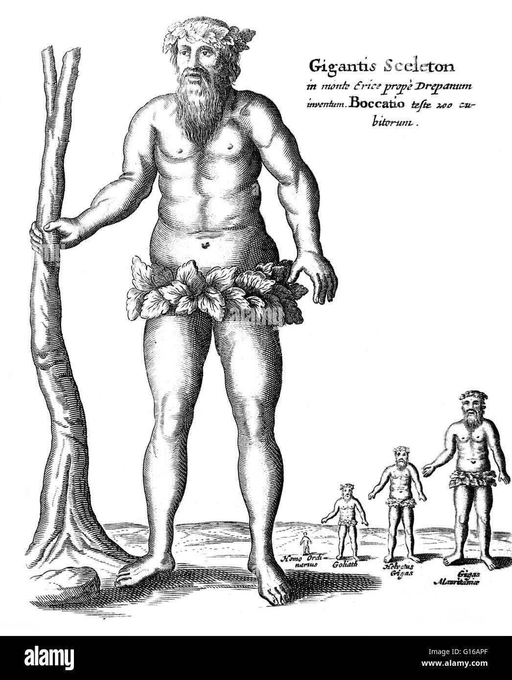 Illustration of giants from Mundus Subterraneus by Athanasius Kircher (1664). The mythology and legends of many different cultures include monsters of human appearance but prodigious size and strength. Giant is the English word commonly used for such bein Stock Photo