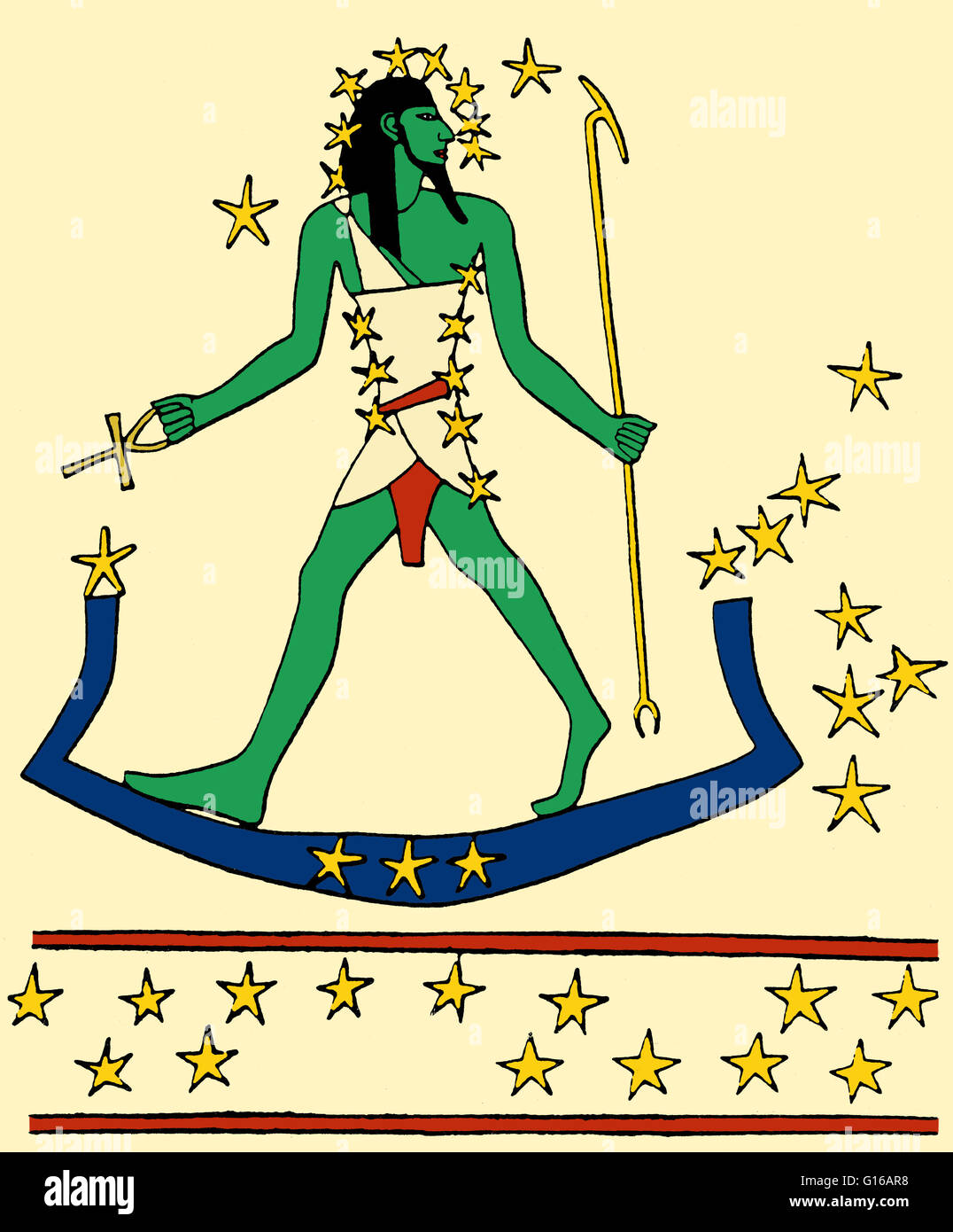 Osiris-Orion travels across the sky on the sacred boat (stars of Lepus). Image based on a star map in the tomb of Montemhet at Luxor, circa 650 BC. The stars of Orion were associated with Osiris, the sun-god of rebirth and afterlife, by the ancient Egypti Stock Photo