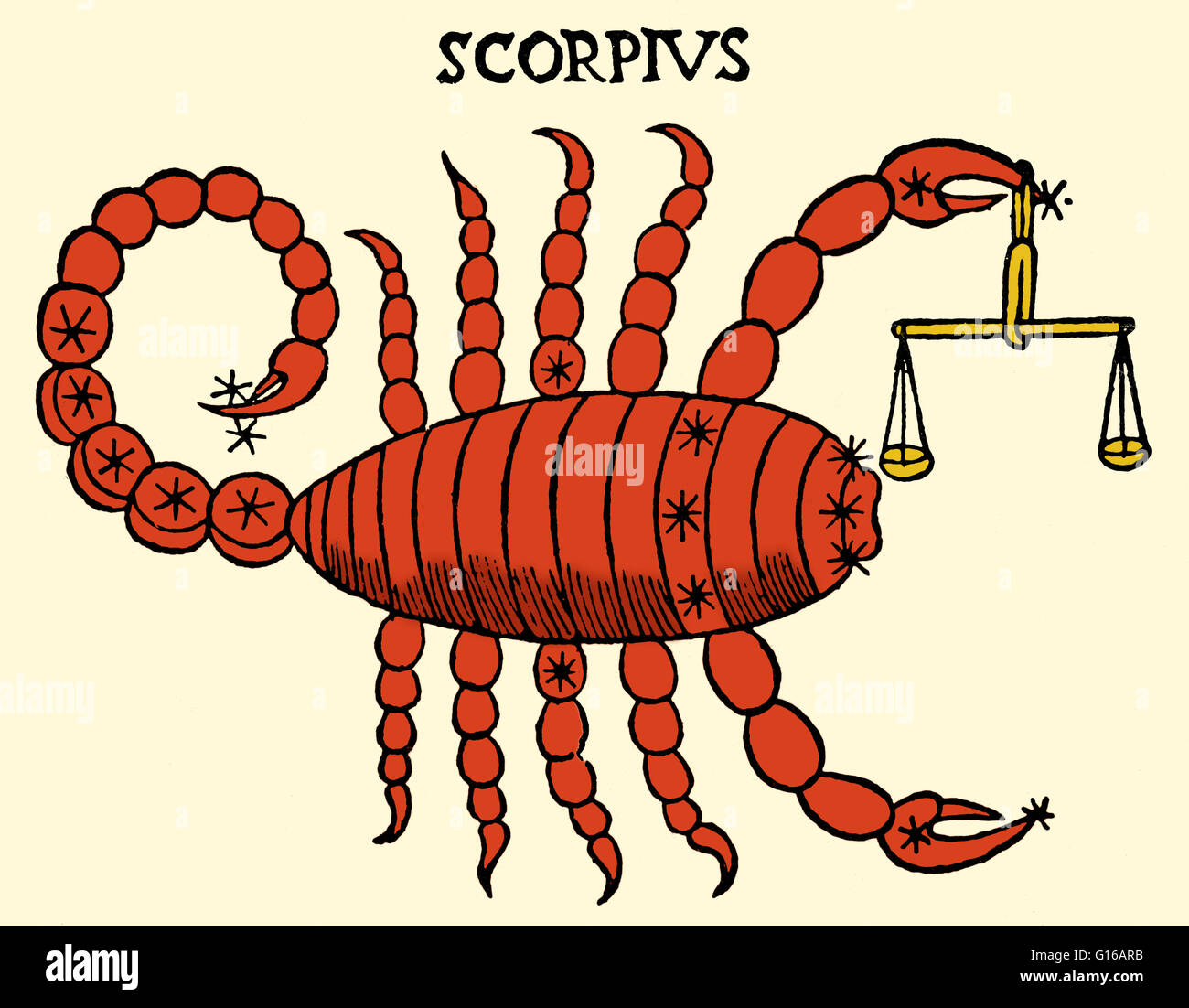 Historical illustration of Scorpius, or Scorpio, one of the constellations of the Zodiac. Stock Photo