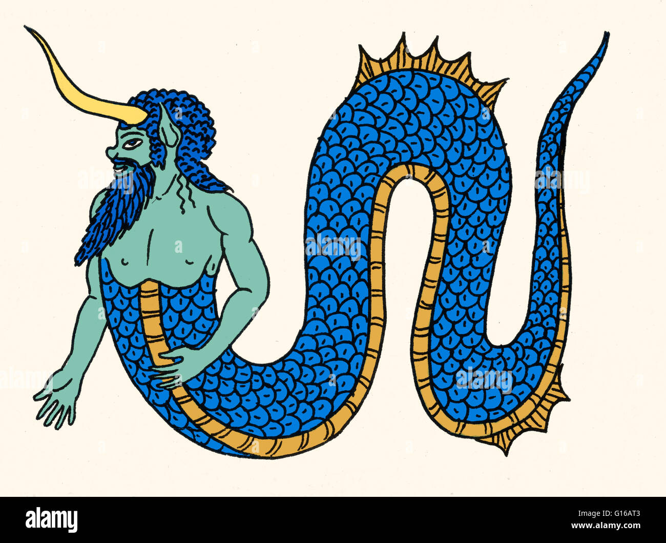 Illustration depicting a merman, the mythical male equivalents and counterparts of a mermaid. The attributes of mermen can vary wildly depending on the source and time period of the stories. They have been said to sink ships by summoning great storms, but Stock Photo