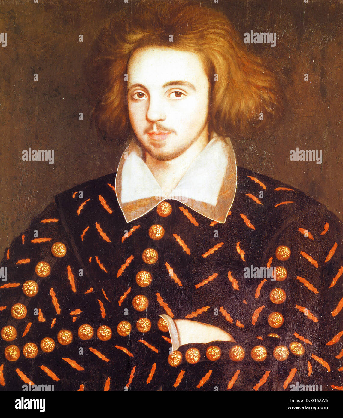Anonymous portrait believed to be the playwright Marlowe. Christopher Marlowe (February 26, 1564 - May 30, 1593) was an English dramatist, poet and translator of the Elizabethan era. He was the foremost Elizabethan tragedian of his day. He greatly influen Stock Photo