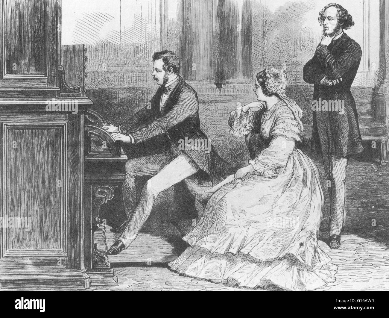 Engraving entitled: The Prince Consort (Albert) playing the organ before Mendelssohn while the Queen looks on, at Buckingham Place, 1842. Jakob Ludwig Felix Mendelssohn Bartholdy (February 3, 1809 - November 4, 1847) was a German composer, pianist, organi Stock Photo
