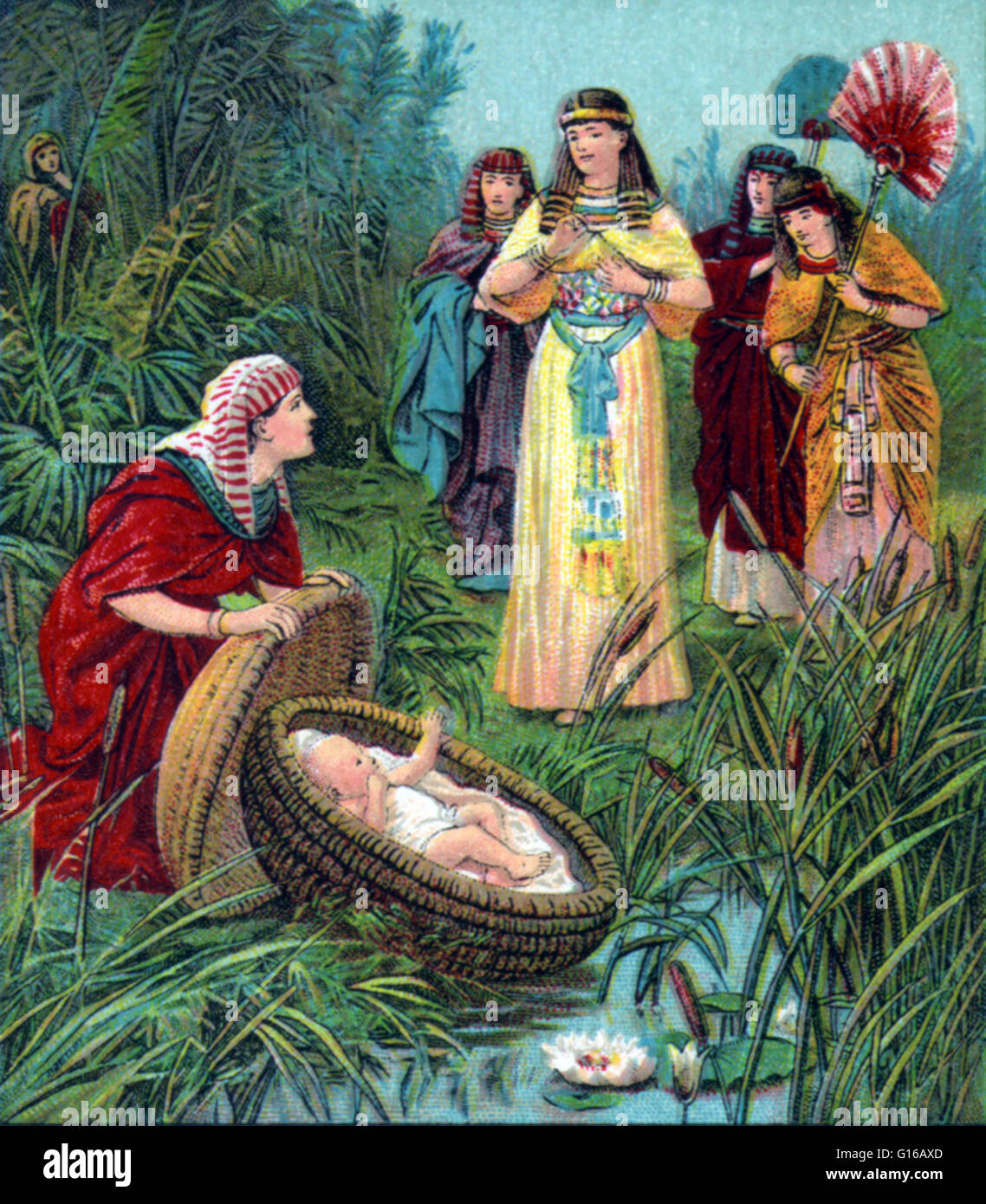 One of thirteen lithographs with scenes from Old Testament Biblical stories about Moses's life. The back of each card has a Bible lesson pertaining to the image on the front. Published by American Baptist Publication Society, 1900. Exodus 1, the pharaoh o Stock Photo