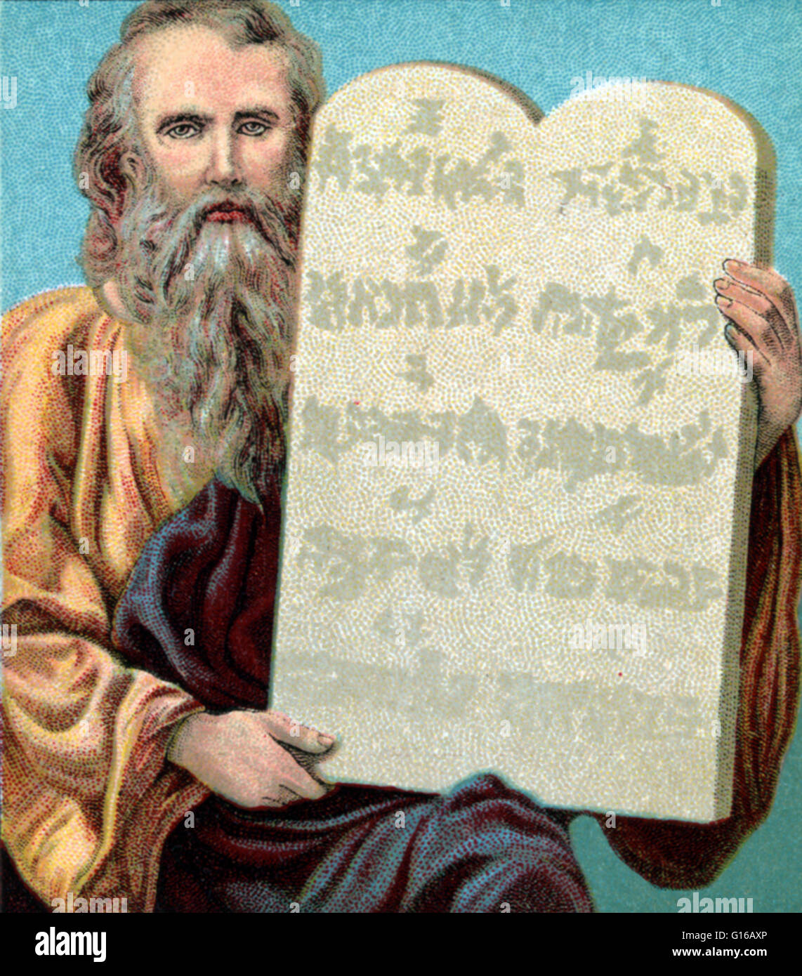 One of thirteen lithographs with scenes from Old Testament Biblical stories about Moses's life. The back of each card has a Bible lesson pertaining to the image on the front. Published by American Baptist Publication Society, 1907. According to the story Stock Photo