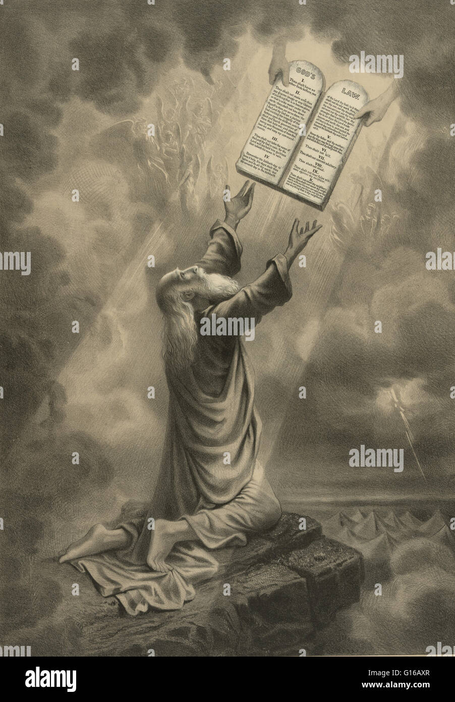 1877 lithograph shows Moses kneeling and reaching upwards to accept the tablets inscribed with theTen Commandments from the hands of God. Angels can be seen in the heaven. Published by F. W. McCleave and Company. According to the story in Exodus, God insc Stock Photo