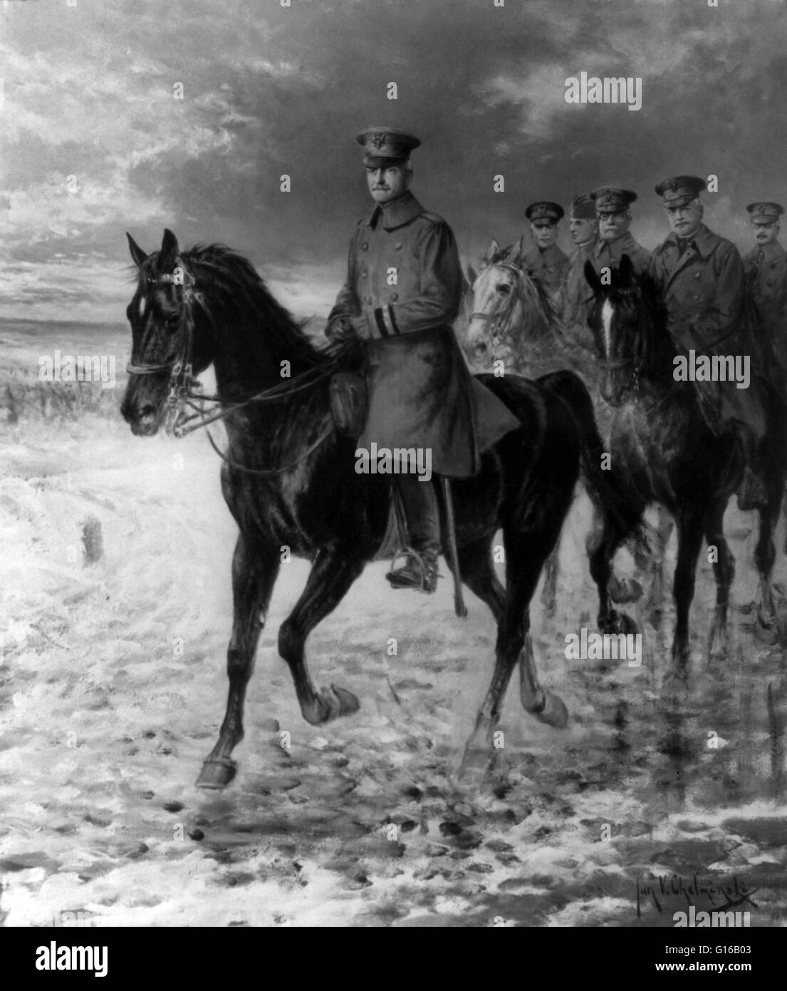 Pershing, on horseback, followed by others on horseback, all in uniform, 1919. John Joseph 'Black Jack' Pershing (September 13, 1860 - July 15, 1948) was a general officer in the United States Army. He graduated from West Point in the summer of 1886. In 1 Stock Photo