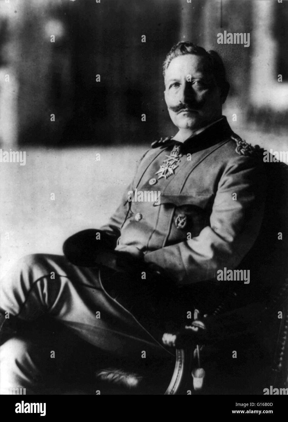Wilhelm II photographed in 1915. Wilhelm II (January 27, 1859 - June 4, 1941) was the last German Kaiser and King of Prussia, ruling the German Empire and the Kingdom of Prussia from 1888 to 1918. Crowned in 1888, he dismissed the Chancellor, Otto von Bis Stock Photo