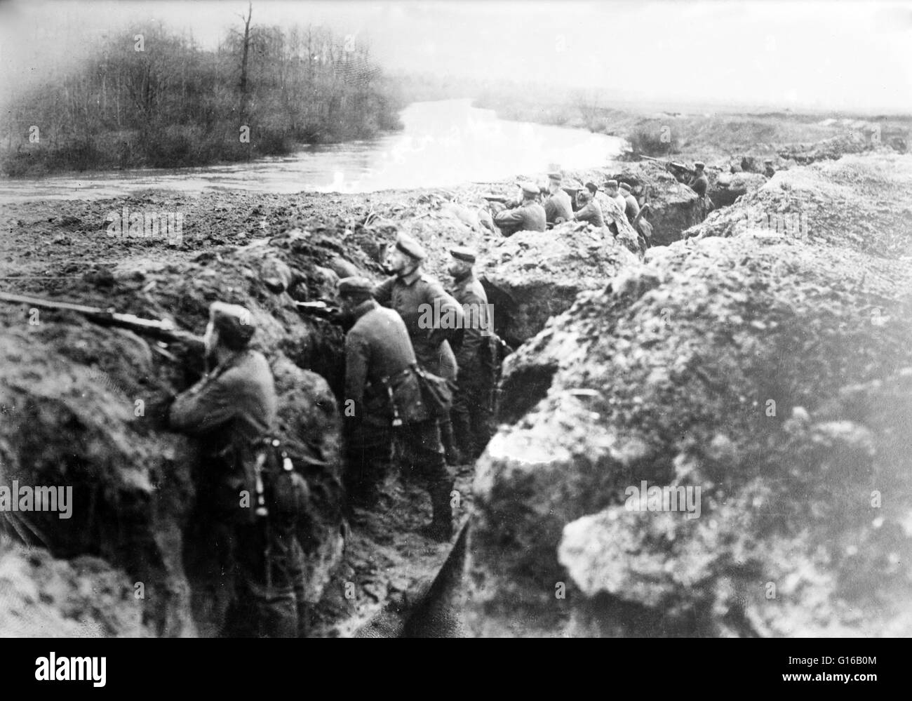 German trenches on the Aisne. The First Battle of the Aisne was the Allied follow-up offensive against the right wing of the German First Army (led by Alexander von Kluck) and Second Army (led by Karl von Bülow) as they retreated after the First Battle of Stock Photo