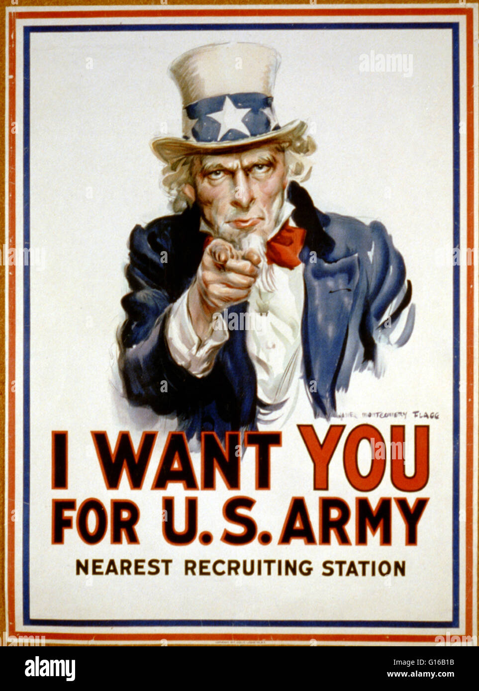Poster for 'I want you for U. S. Army' shows Uncle Sam pointing his finger at the viewer in order to recruit soldiers for the American Army during World War I. The printed phrase 'Nearest recruiting station' has a blank space below to add the address for Stock Photo